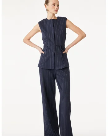 Pantaloni cu croiala ampla, model in dungi si talie elastica, Albastru inchis