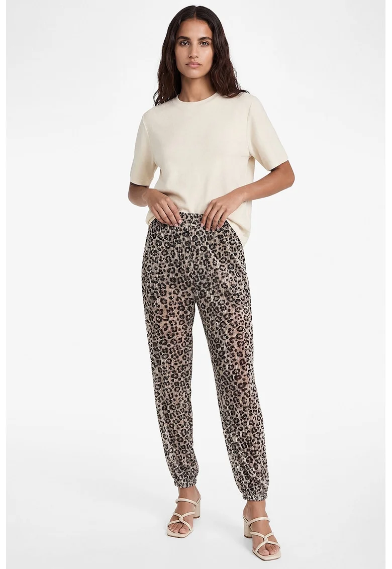 Pantaloni cu model animal print, Negru/Gri deschis