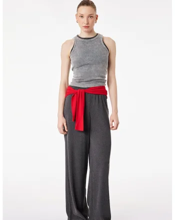 Pantaloni texturati cu snur de ajustare si croiala ampla, Gri antracit