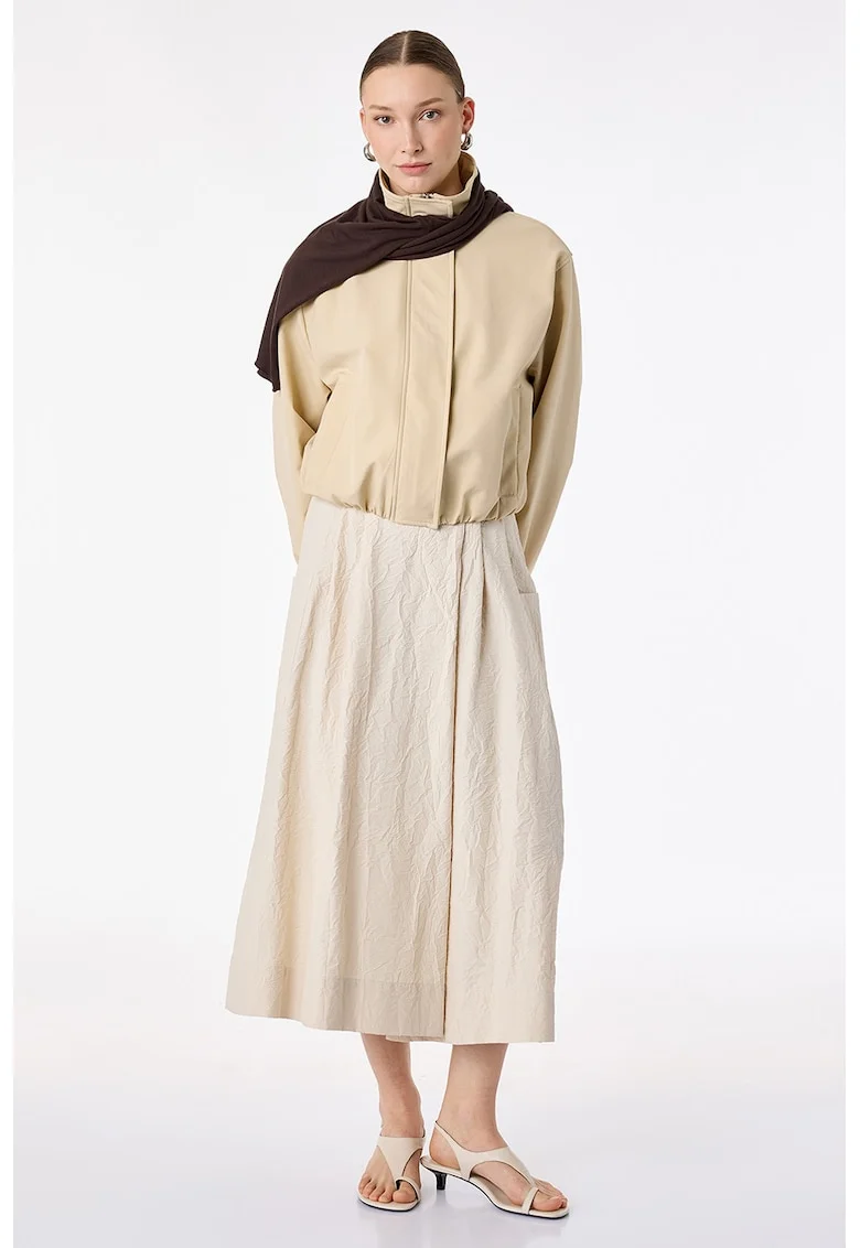 Fusta-pantalon midi texturata, Bej deschis