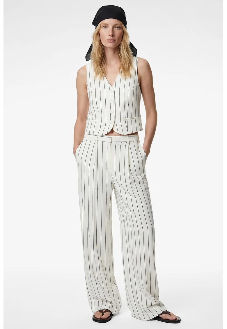Pantaloni cu croiala ampla si model in dungi, Alb