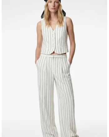 Pantaloni cu croiala ampla si model in dungi, Alb