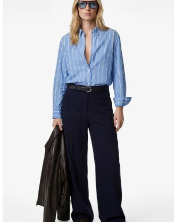Pantaloni cu talie inalta si curea, Bleumarin