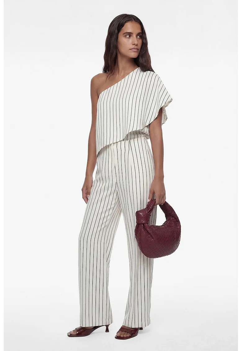 Pantaloni din amestec de modal cu model in dungi, Alb