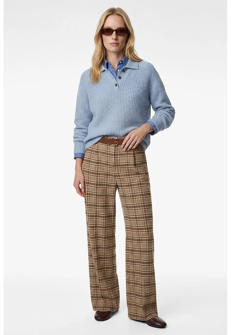 Pantaloni cu model in carouri si curea, Bej