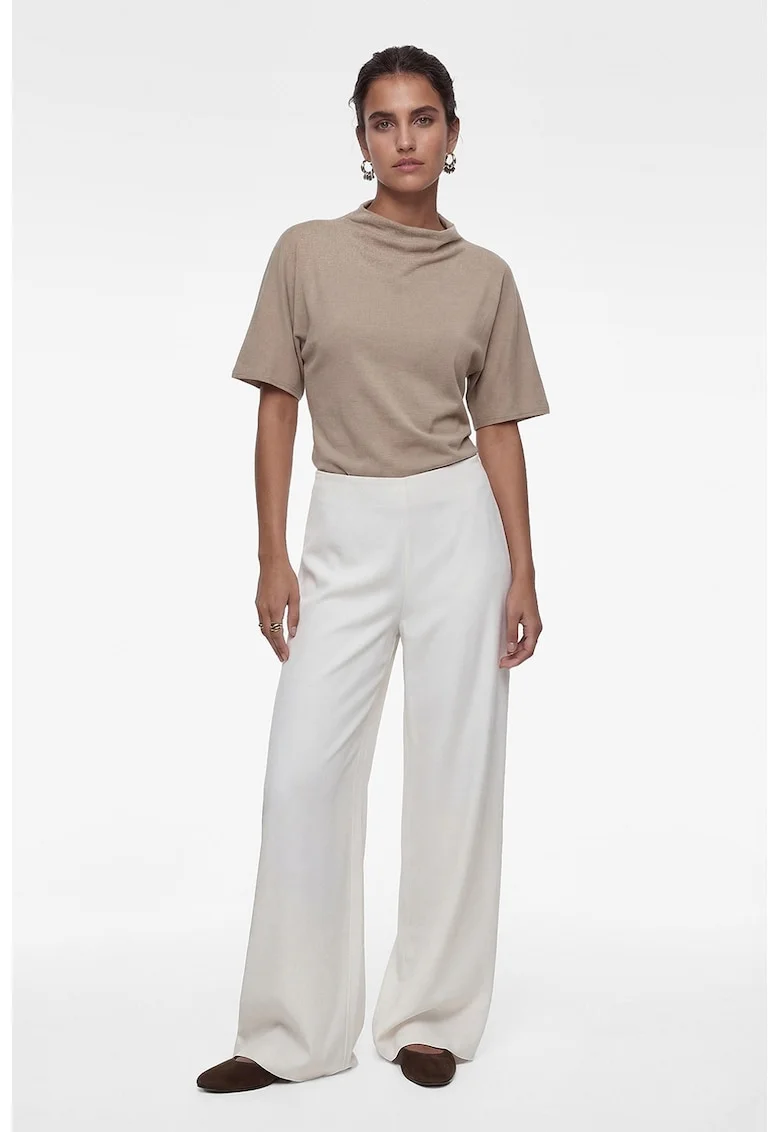 Pantaloni din satin cu croiala palazzo, Crem