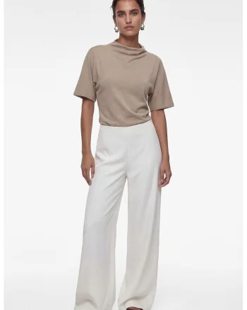 Pantaloni din satin cu croiala palazzo, Crem