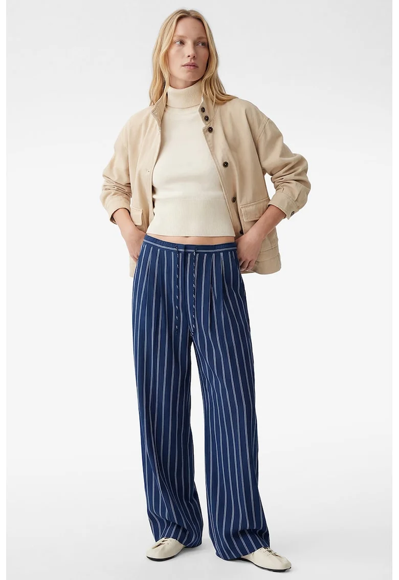 Pantaloni cu croiala ampla, model in dungi si snur de ajustare, Albastru indigo