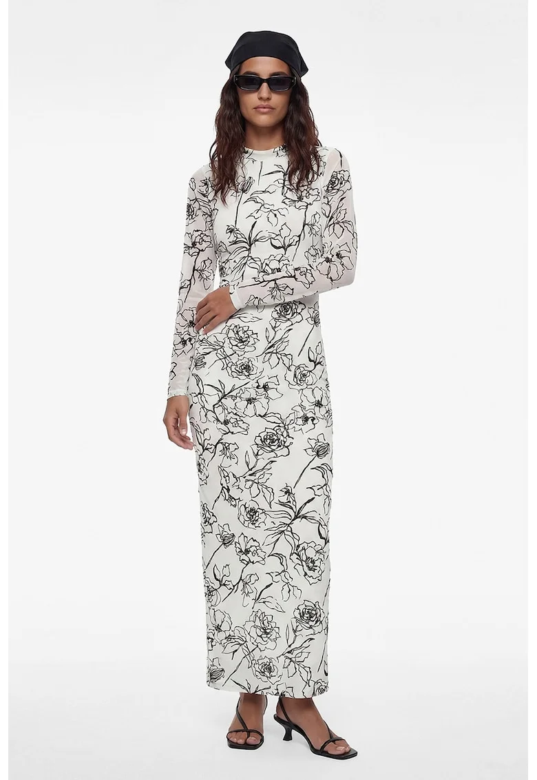 Rochie maxi cu model floral, Alb/Negru