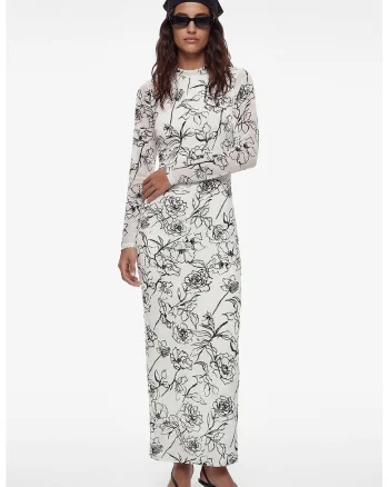 Rochie maxi cu model floral, Alb/Negru