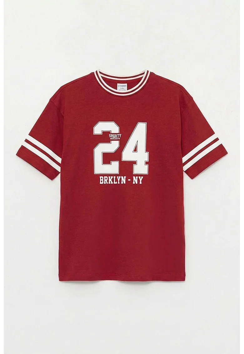 Tricou din bumbac cu decolteu la baza gatului, Alb/Rosu inchis