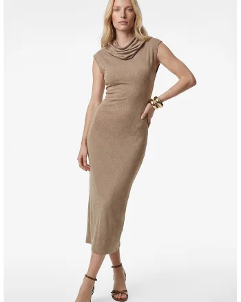 Rochie cu guler inalt, fara maneci, Bej