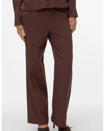 Pantaloni drepti din amestec de bumbac organic si in, Maro pamantiu