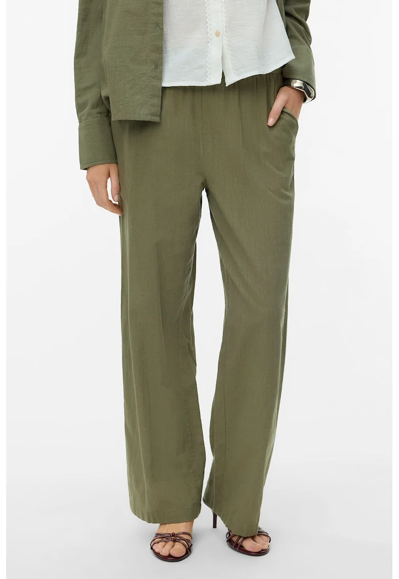 Pantaloni drepti din amestec de bumbac organic si in, Kaki