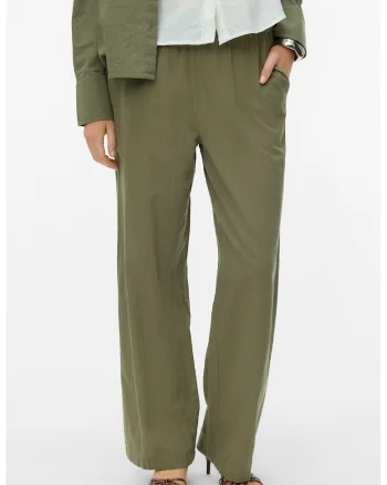 Pantaloni drepti din amestec de bumbac organic si in, Kaki