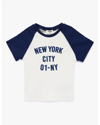 Tricou cu decolteu la baza gatului si imprimeu grafic, Alb murdar/Bleumarin