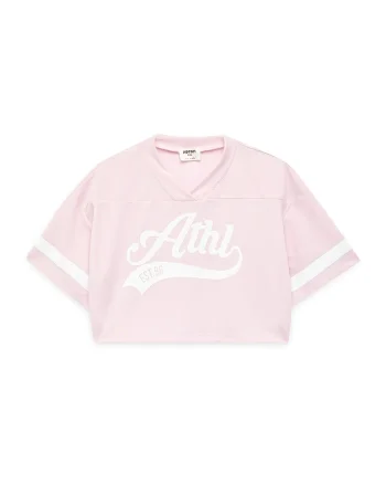 Tricou crop cu imprimeu text, Roz pal