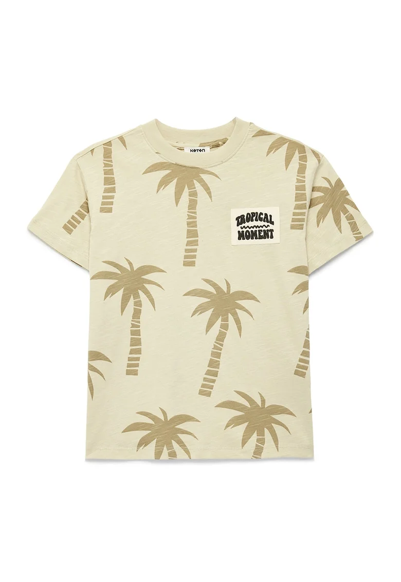 Tricou din bumbac cu model tropical, Bej deschis