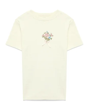 Tricou striat cu broderie florala, Bej deschis