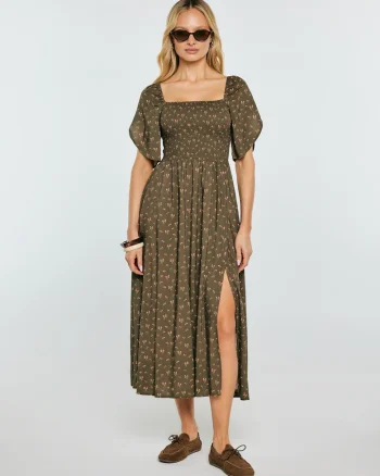 Rochie midi cu imprimeu floral si slit frontal Bler