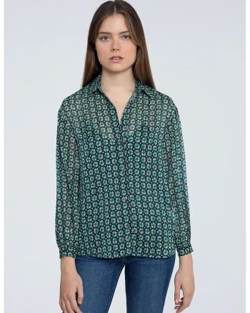 Camasa cu imprimeu floral, Alb/Verde/Bleumarin