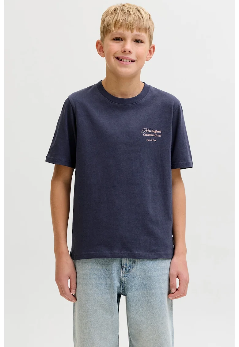 Tricou de bumbac cu imprimeu text si grafic, Portocaliu/Bleumarin
