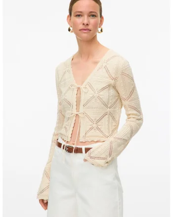 Cardigan tricotat cu snururi frontale, Bej deschis