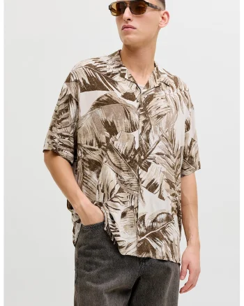 Camasa cu maneci scurte si model tropical, Alb/Maro