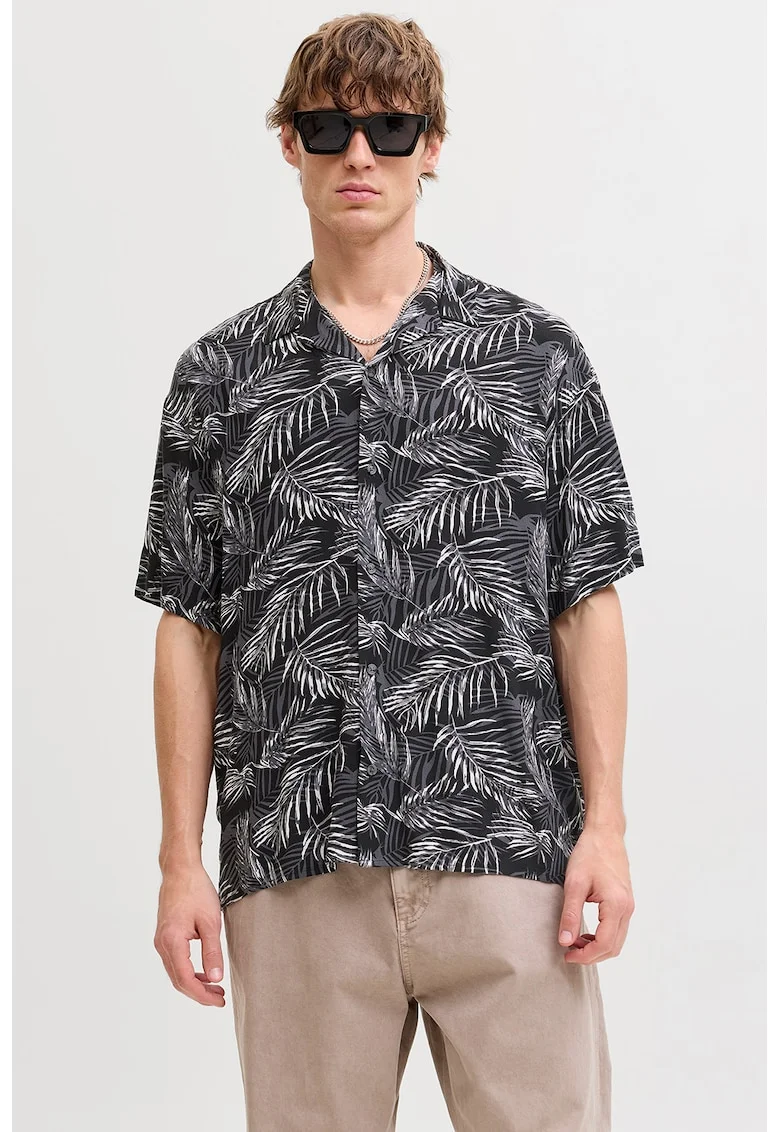 Camasa cu maneci scurte si model tropical, Alb/Negru/Gri