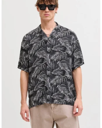 Camasa cu maneci scurte si model tropical, Alb/Negru/Gri