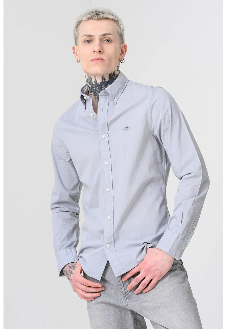 Camasa slim-fit cu guler fixat cu nasturi, Gri deschis