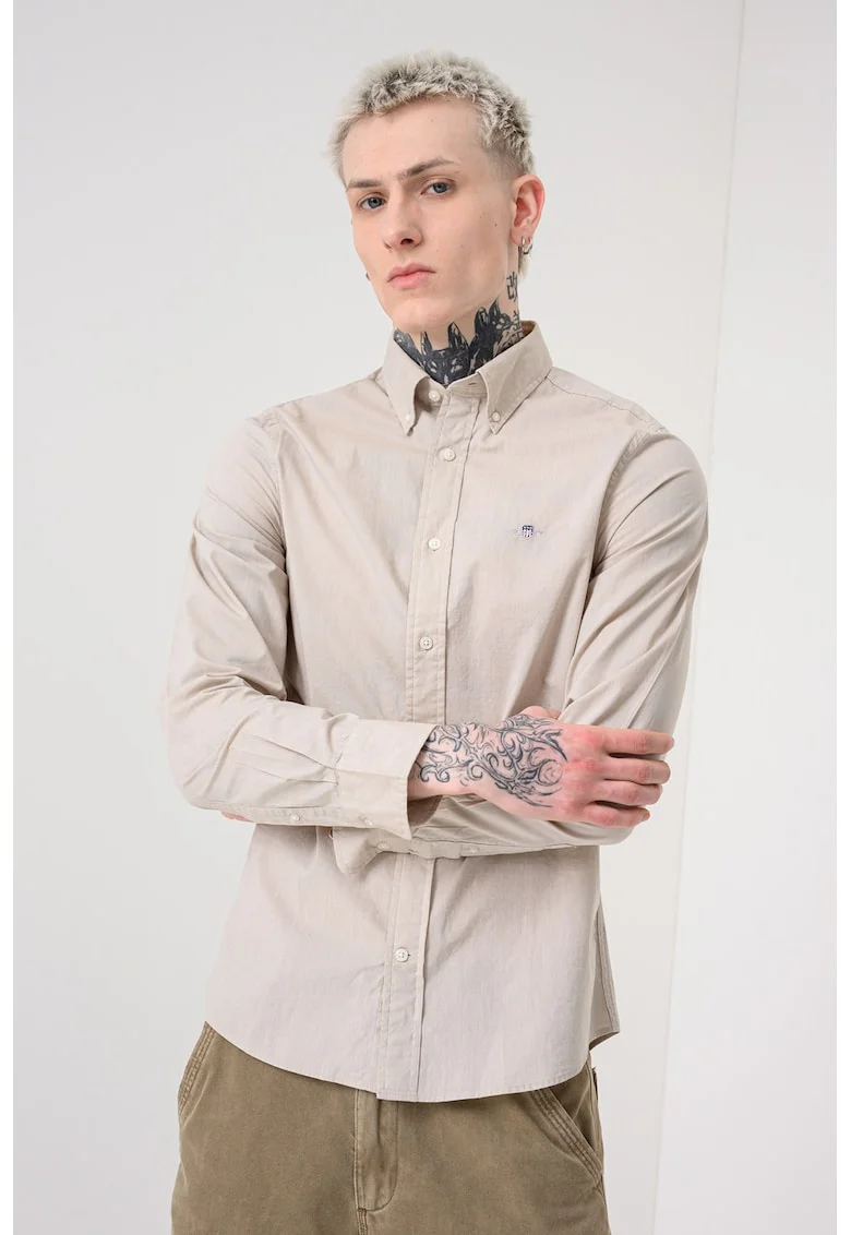 Camasa slim-fit cu guler fixat cu nasturi, Bej