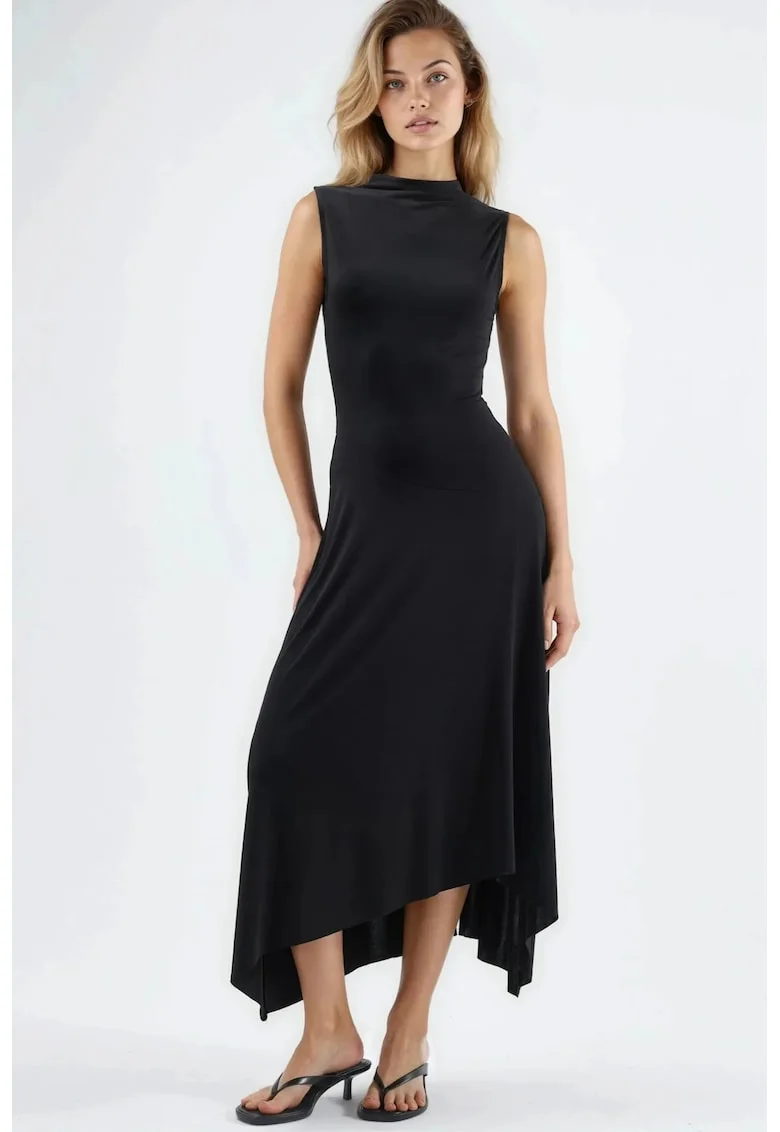 Rochie Midi Asimetrica  Neagra, Poliester