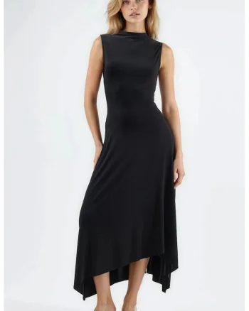 Rochie Midi Asimetrica  Neagra, Poliester
