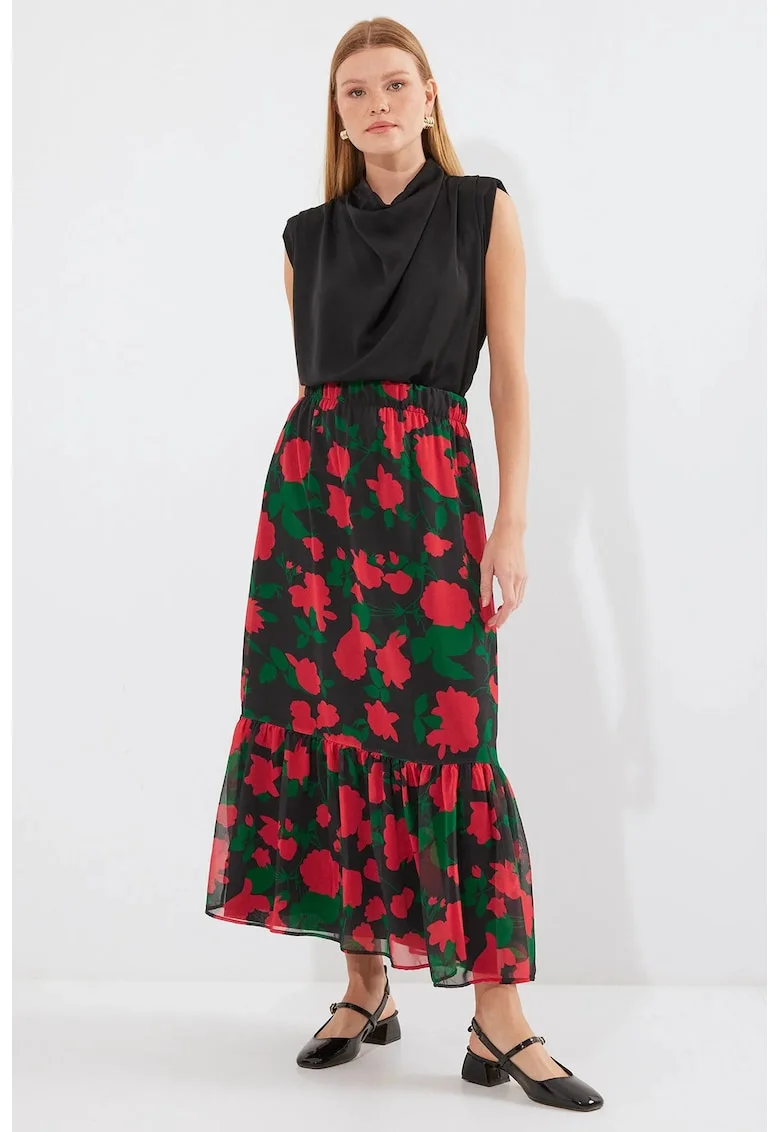 Fusta Maxi  imprimeu floral, negru, textil