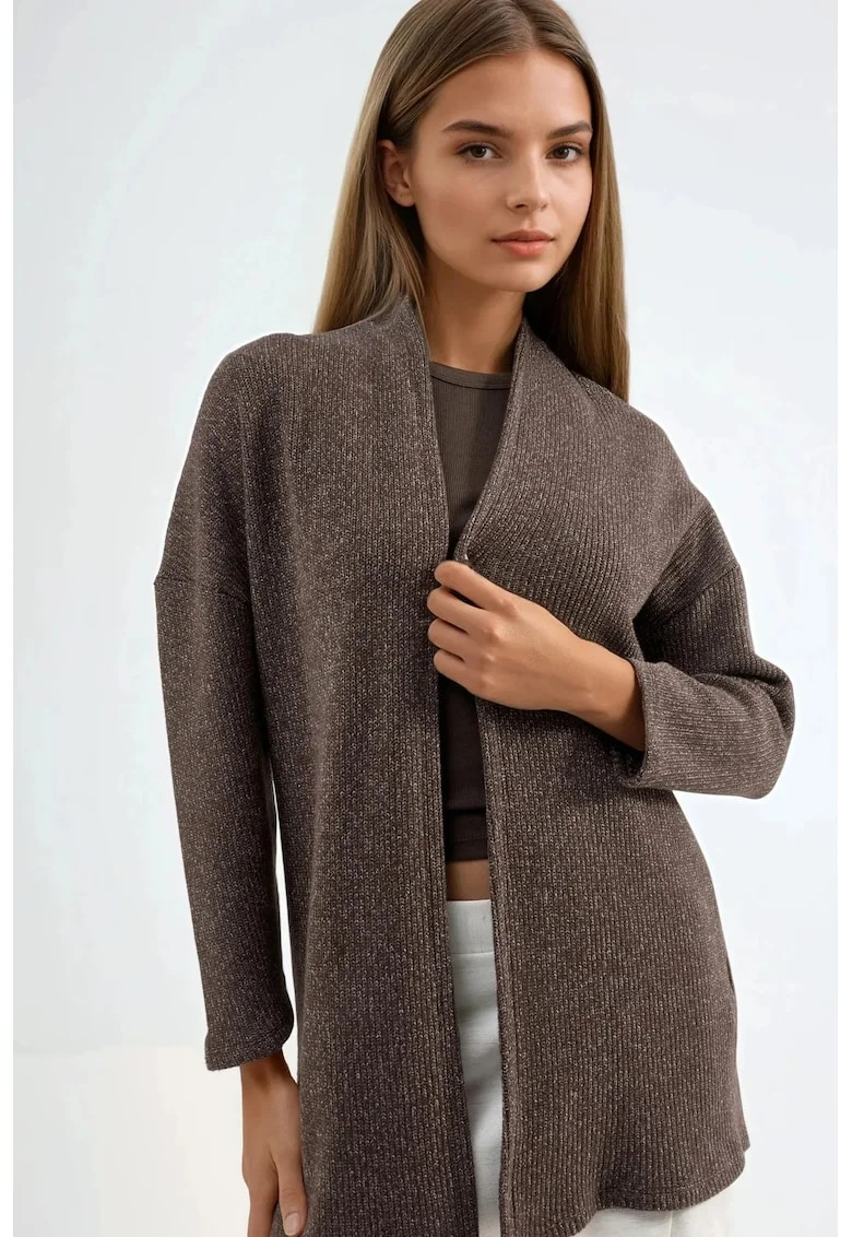 Cardigan lung tricotat  guler deschis, maro mocha, bumbac si poliester
