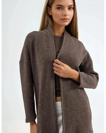 Cardigan lung tricotat  guler deschis, maro mocha, bumbac si poliester