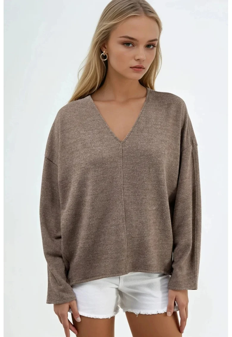 Bluza dama,  Maro deschis, Decolteu in V, Jerseu