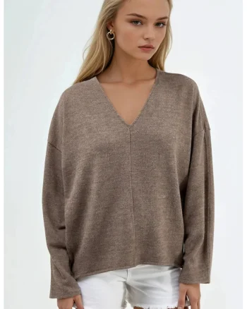 Bluza dama,  Maro deschis, Decolteu in V, Jerseu