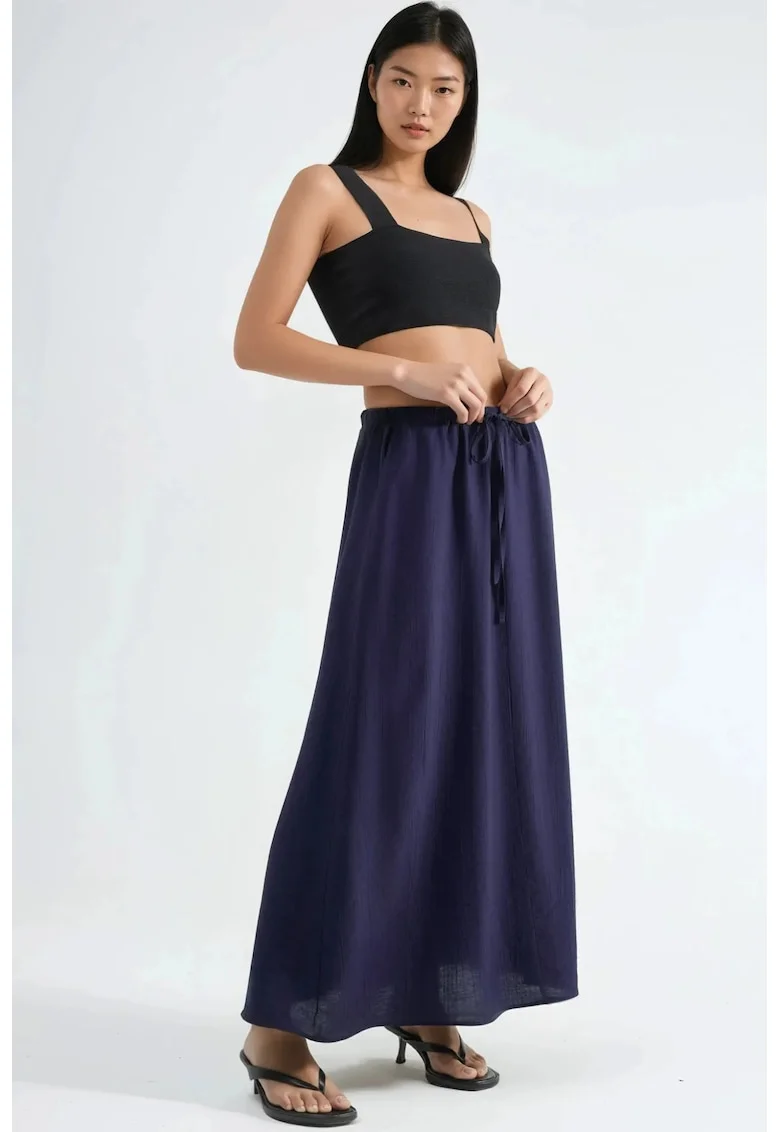 Fusta maxi  talie inalta, croiala in A, albastru marin, 100% poliester