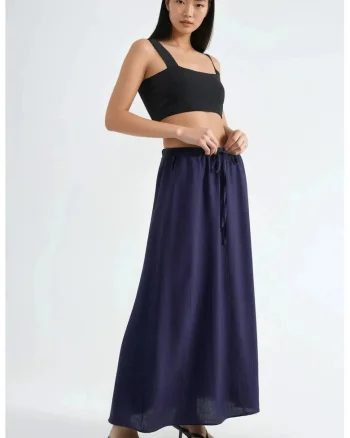 Fusta maxi  talie inalta, croiala in A, albastru marin, 100% poliester