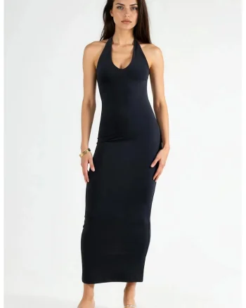 Rochie Midi  cu decolteu tip halter, Negru, Jerseu