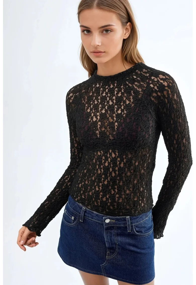 Bluza dama,  Negru, Dantela, Slim fit