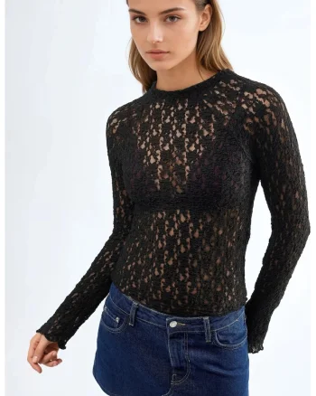 Bluza dama,  Negru, Dantela, Slim fit