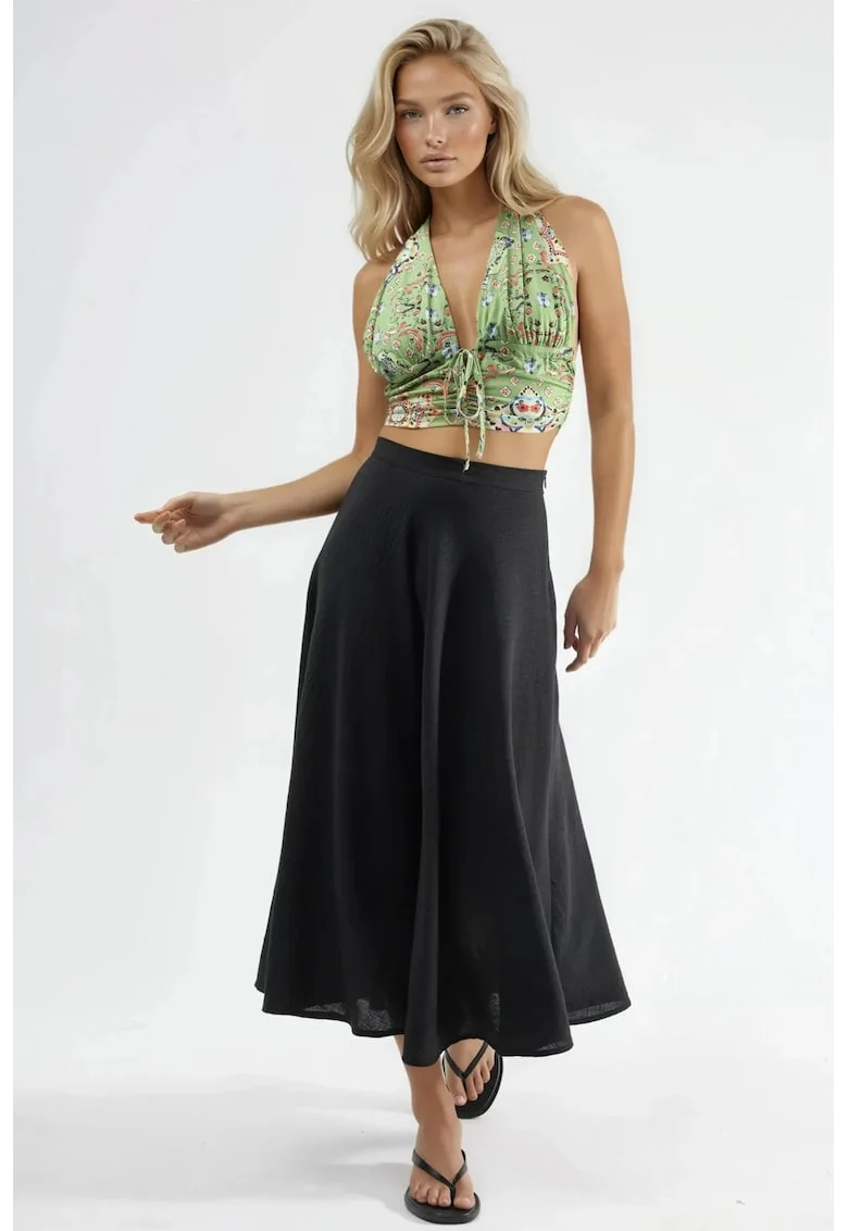 Fusta maxi  talie inalta, texturata, neagra, textil