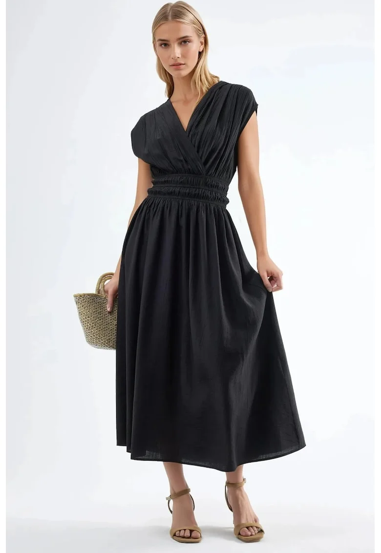 Rochie Midi  Negru, poliester, decolteu in V, fara maneci