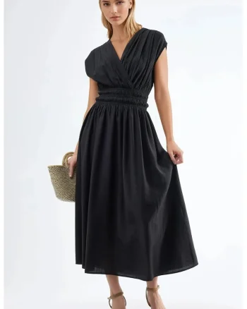 Rochie Midi  Negru, poliester, decolteu in V, fara maneci