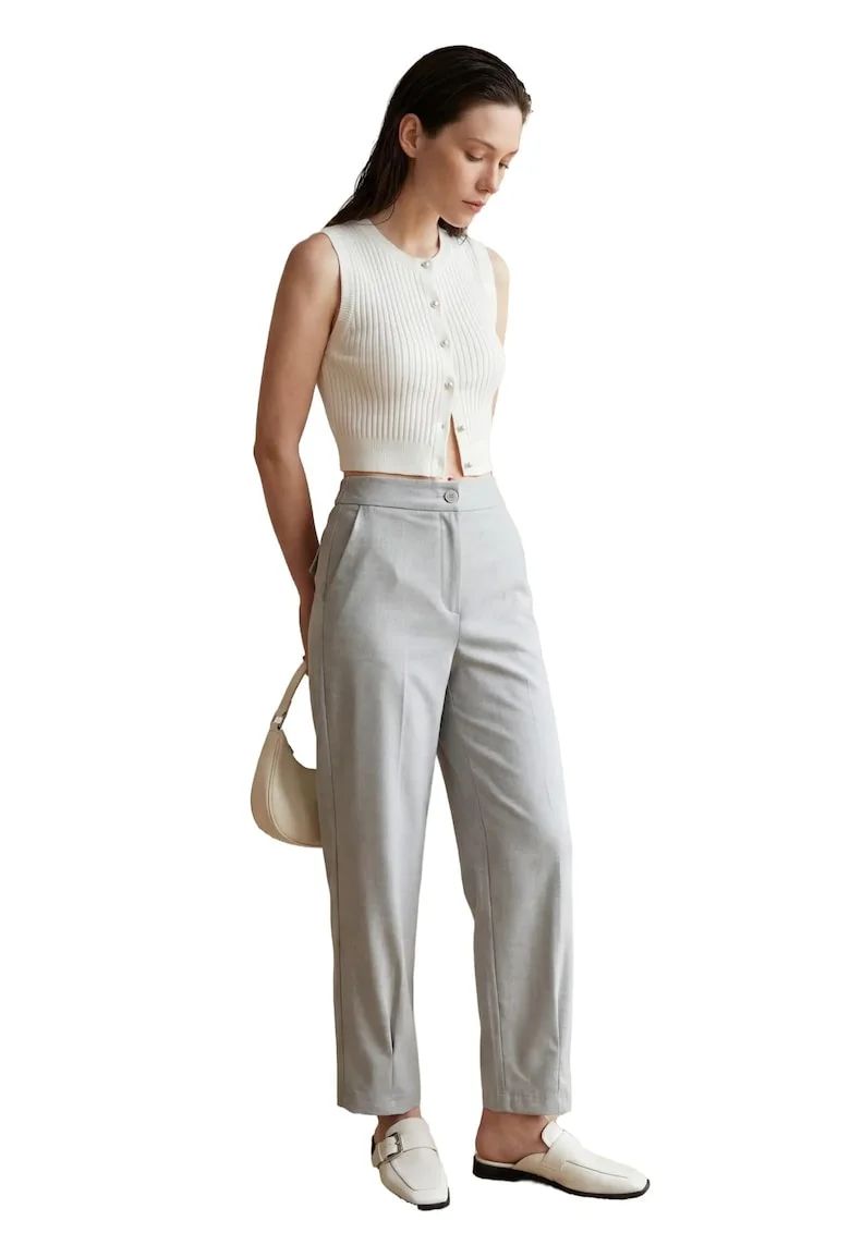 Pantaloni dama,  Gri, Textil, Talie inalta