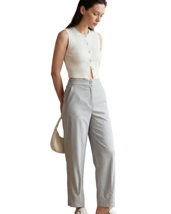 Pantaloni dama,  Gri, Textil, Talie inalta