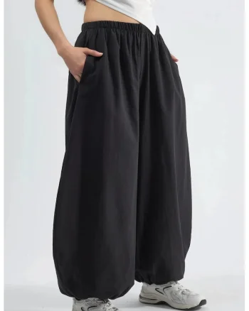 Pantaloni,  Negru, Talie elastica, Buzunare